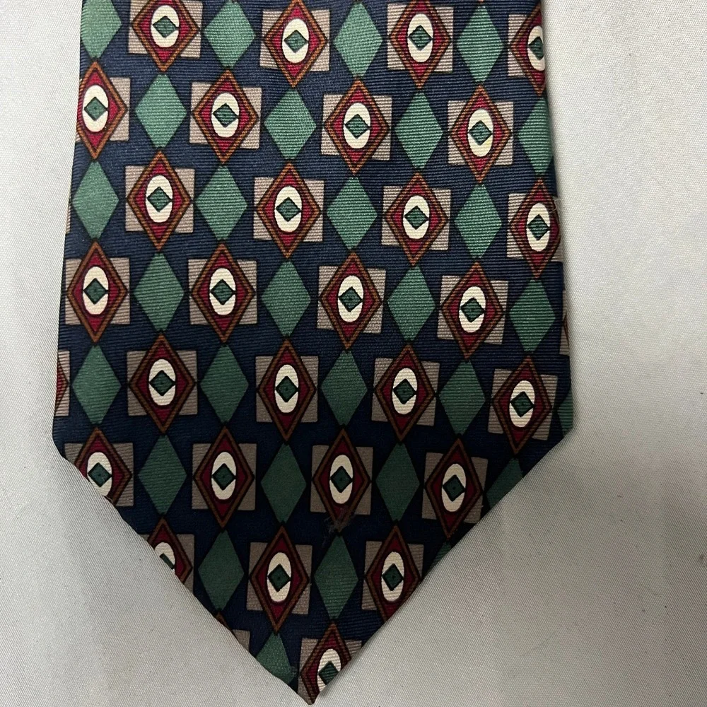 Albert Nipon‎ Silk Tie Geometric Retro Diamond Pattern Navy Green Burgundy Men